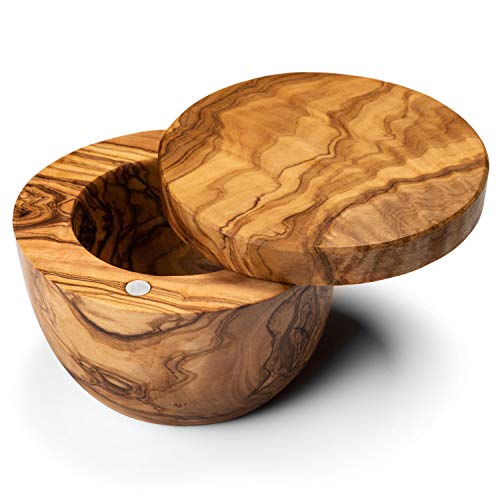 Gourmet Living Olive Wood Salt Box  Round Wooden Salt Keeper with Swivel Lid  Salt Pig Well Covered Bowl Ideal for Kitchen or Entertainment  Each Olivewood serving piece is unique