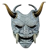 Porgeel Máscara Oni Máscara Samurai de Cara Completa Aterradora con Colmillos y Cuerno de Buey Diablo de Terror de 11x9 5 con
