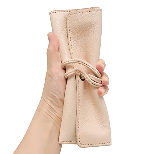 Image of ZLYC Handmade Leather Pencil Case Soft Roll Bag Stationery Gift, Beige | multi slot pen storage design,school class daily use,office desk organizer,graduation holiday gift,foldable portable size