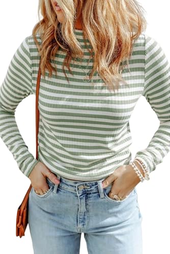 Image of Melliflo Womens Long Sleeve Mock Neck Striped Shirt Casual Cute Color Block Knit Tops Trendy Fall Fitted Basic Outfits