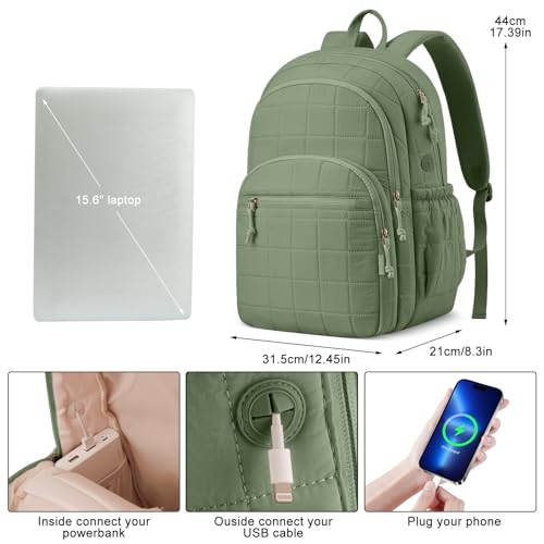 Image of kadilong Quilted Travel College Laptop Backpack for Women,Daypack Bookbag for School Teen Girls Mochilas Mujer,Green