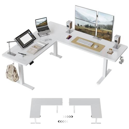 Image of BANTI L-Shaped Standing Desk - 75 x 63 Inch Adjustable Corner Standing Desk with Charging Station - L Shape Sit Stand Table with Memory Controller, Splice Board for Home Office, White