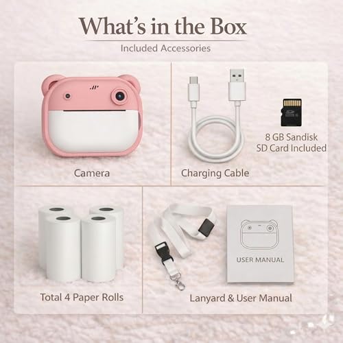 Image of Camlet Instant Print Camera 48MP | Photo & Video, Creative Game for Kids Mini LED Digital 1080P HD Display | Long Lasting Battery Life, Ideal Gift for Birthday, Boys & Girls (8 GB SD Card + 4 Rolls)