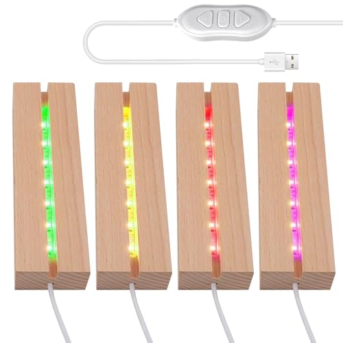 4 Stück Led Sockel, LED Lichtsockel, LED Lichter Display Basis, rechteckig Holz Beleuchtet Basis Stand, Holzlicht Display Ständer, Holz Beleuchtete USB-Lichtsockel Für Glasblock Kristalle (Bunt)