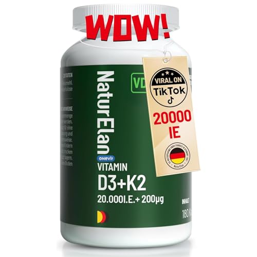 Vitamin D3 K2 20000 IU & 200μg (MK7) - 180 Capsules | 1 per 5 Days* | Ultra High Strength | Made in Germany | No Artificial Additives | Immune & Bone Support