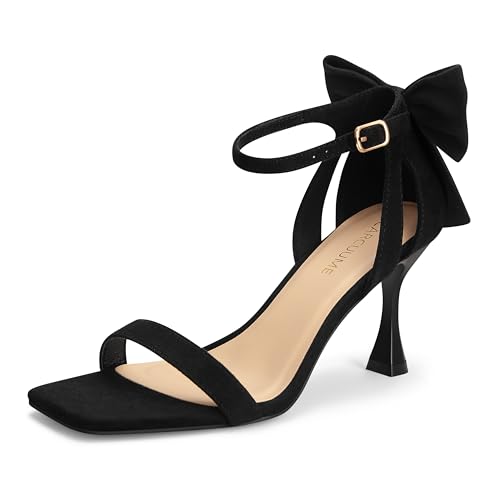 Carcuume Women's Square Toe Heels Bow Tie Ankle Strap Heel Sandals Open Toe Wedding Shoes