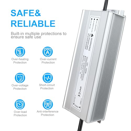 Image of LightingWill LED Driver 120 Watts Waterproof IP67 Power Supply Transformer, 90-265V AC to 12V DC Low Voltage Output, Adapter with 3-Prong Plug 3.3 Feet Cable for Outdoor Use, Computer Project