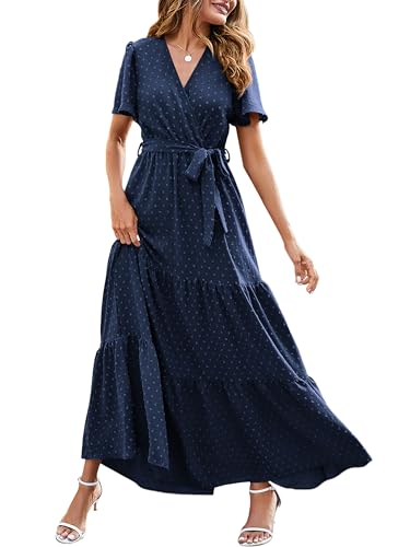 Image of MASCOMODA Women Boho Swiss Dot Maxi Dresses Wrap V Neck Flutter Short Sleeve Solid Tie Waist A Line Tiered Flowy Long Dresses