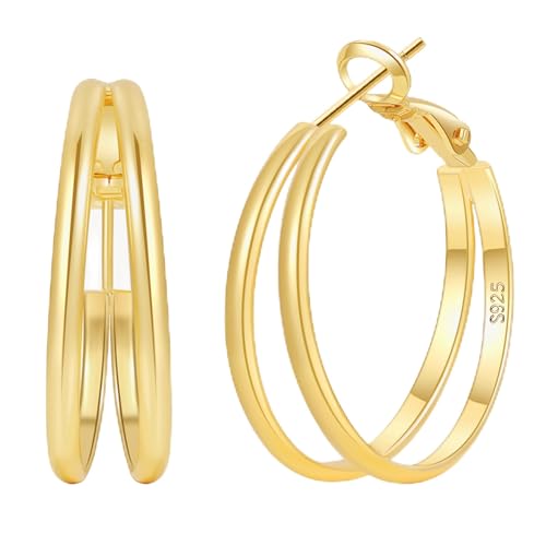 MOYUXI 2mm Double Hoop Earrings for Women Lightweight Medium Small Gold Hoops Trendy Hypoallergenic Large S925 Sterling Silver Post Earring Non Tarnish Durable Double Gold Hoop Earrings