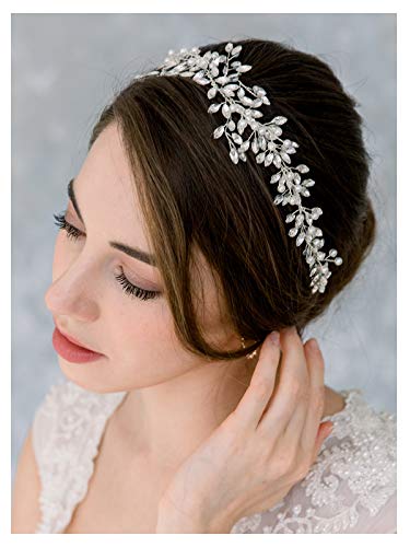 SWEETV Silver Bridal Headband Crystal Wedding Headpieces for Bride Pearl Hair Vine Wedding Hair Accessories for Flower Girl Bridesmaid