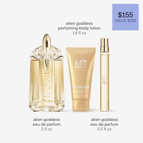 Mugler Alien Goddess Eau de Parfum - Women\'s Fragrance Gift Set - Floral & Woody - With Bergamot, Jasmine, and Vanilla - Full Size, 2 Fl Oz, Body Lotion, 1.7 Fl Oz & Travel Size, 0.33 Fl Oz