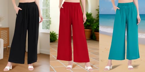 Image of Buy That Trendz Palazzo Pants for Women Rayon Elasticated Regular Fit Flared Wide Leg M to 6XL Pack of 3