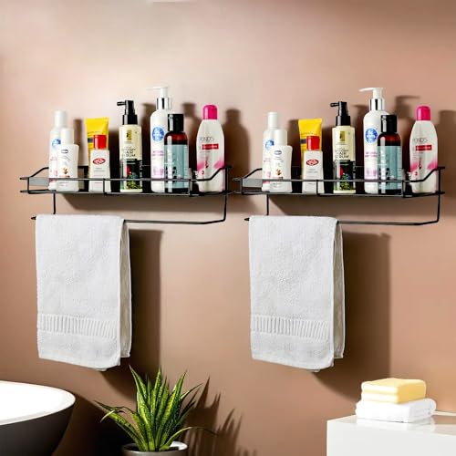 Image of Kuber Industries Pack of 2 Metal Bathroom Shelf for Wall - Washroom Organizer Shampoo Holder Stand & 14 Inch Kitchen Storage Rack - Black