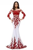 Women's Lace Appliques Wedding Dress with Sleeves Mermaid Satin Formal Evening Dresses White & Red Size 12