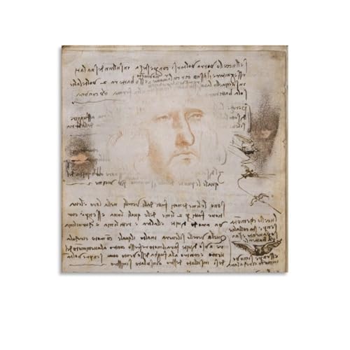 Self Portrait on The Flight of Birds Codex- Leonardo Da Vinci Wall Art Picture Painting Poster Canvas Print Posters Artworks Bedroom Living Room Decor 12x12inch(30x30cm)