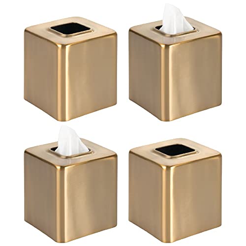 mDesign Metal Square Tissue Box Cover, Modern Facial Paper Holder - Accessories for Bathroom Vanity, Bedroom Dresser, Night Stand, Desk, Office, End Table - Unity Collection - 4 Pack - Soft Brass