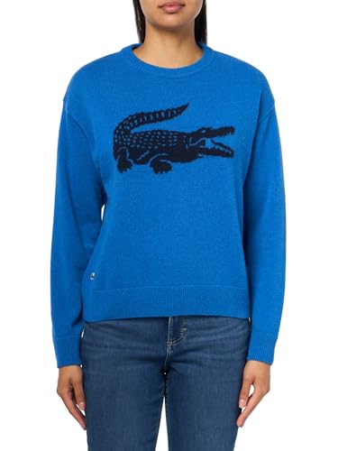 Lacoste Women's Big Croc Crewneck Pullover Sweater, Light Blue/Navy Blue, 32