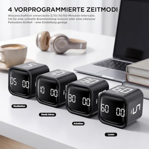 Image of Cube Pomodoro Timer with 5 /10 /30 /60 Minute Presets & Custom Countdown, Flip Rotating Desk Productivity Timer with Adjustable Volume for Study, Work, Kitchen, School & Task Focus