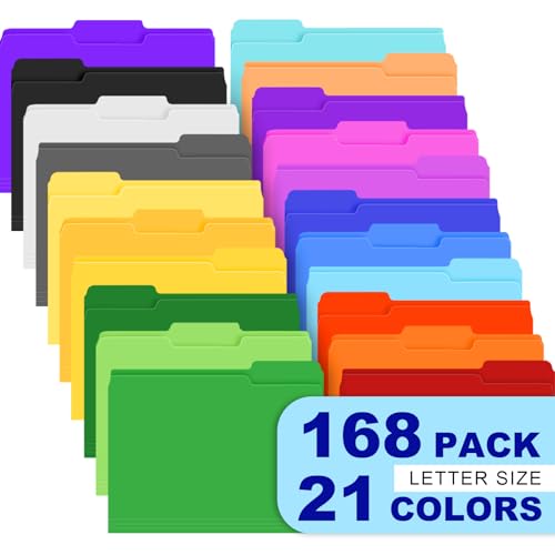 TUXIYA 168 Pack Colored File Folders,21 Colors File Folders Letter Size Manilla Folders 8.5 x 11,1/3