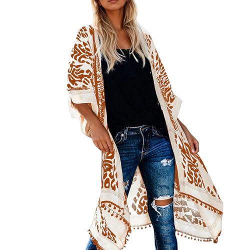 Image of Kimonos for Women Casual Swimsuit Coverup Lightweight Boho Kimono Cardigans for Summer (Orange, One Size)
