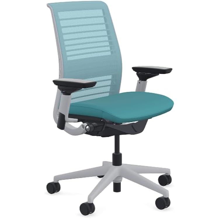 Steelcase Think Office Chair - Ergonomic Work Chair - Lumbar Support - 4D Arms - Platinum Solid Frame with 3D Knit Back - Lagoon Fabric with Wheels