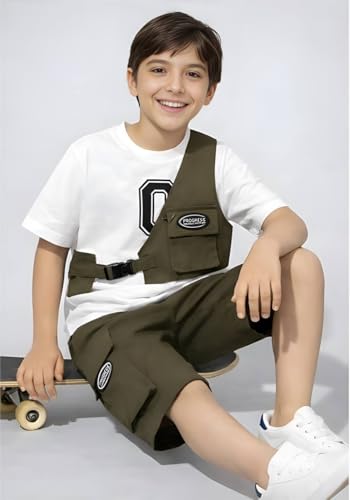 Image of Kids Boys 3-Piece Outfit Set | Half Sleeve T-Shirt, Utility Vest & Cargo Shorts with Cap | Stylish Casual Summer Clothing Set for Boys