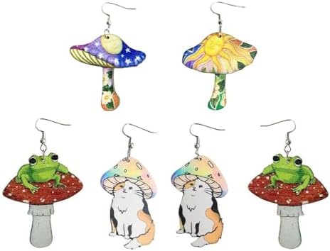 Unique Creative Cartoon Earrings Set Colorful Lovely Mushroom Cat Frog Drop Dangle Earring Handmade Lightweignt Wooden Earring for Women Easter Funny Holiday Accessories Gifts image 2