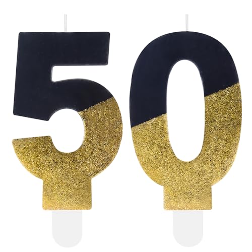 Black Gold Glitter 50th Birthday Candles, Number 50 Candles, Cakes Candle, Candles for Cake, Happy 50th Birthday Cake Topper Decorations for Girls Boys Men Women Birthday Anniversary Wedding Party