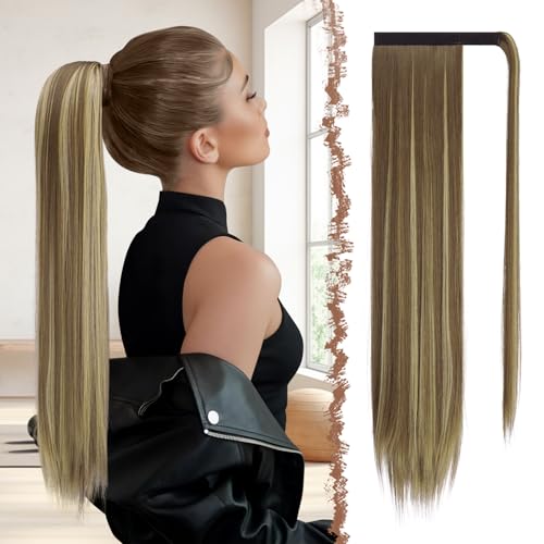 FESHFEN Lang Glattes Pferdeschwanz Haarteil Synthetik Haarverlängerung Zopf Haar Extension für Damen Mädchen, Hellbraun & Blond 60 cm FESHFEN Lang Glattes Pferdeschwanz Haarteil Synthetik Haarverlängerung Zopf Haar Extension für Damen Mädchen, Hellbraun & Blond 60 cm