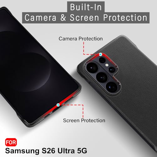 Image of TheGiftKart Hybrid Ultimate Slim Back Case Cover for Samsung Galaxy S26 Ultra 5G | Lightweight Profile | Hard Back Cover Case (PC & TPU, Metal Camera Ring, Leather Texture Finish, Black)