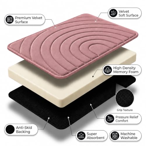Image of Premium Memory Foam Bath Mat | 40x60cm Super Absorbent Velvet Bathroom Rug | Non-Slip Machine Washable Floor Mat (Petal Pink)