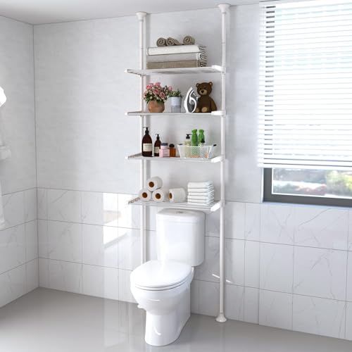DAKEPOLE Toilettenregal,Regal über Toilette mit 4-stufigen verstellbaren Regalen,Platzsparend WC ÜDoppelspannstange Standregal Bad Regal Organizer Kleiderbügel Stangen Ohne Bohren, 295x58x25.cm, Weiß