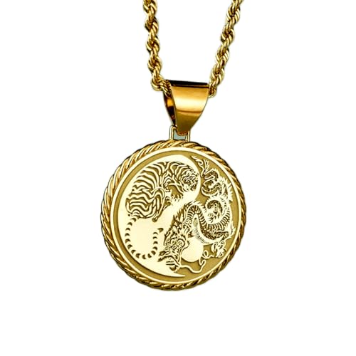 Collier pendentif tigre et dragon argent plaqué or anti-ternissement