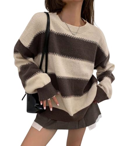 chouyatou Women's 2025 Contrast Striped Sweaters Y2k Vintage Pullover Sweater Slouchy Knit Jumper Tops