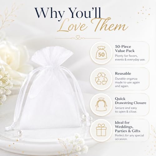 Image of Hopttreely 50pcs White Organza Bags, 4x4.72 inch Mesh Bags Drawstring Gift Bags Jewelry Pouches for Candy Wedding Favors Christmas, Bridal Showers, Candy, Jewelry & Goodie Bags