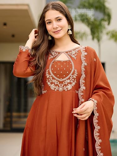 Image of Women's Vichitra Silk Anarkali Kurta Set with Dupatta | Embroidered Kurta Set for Women | Rust Orange Wedding & Festive Ethnic Dress