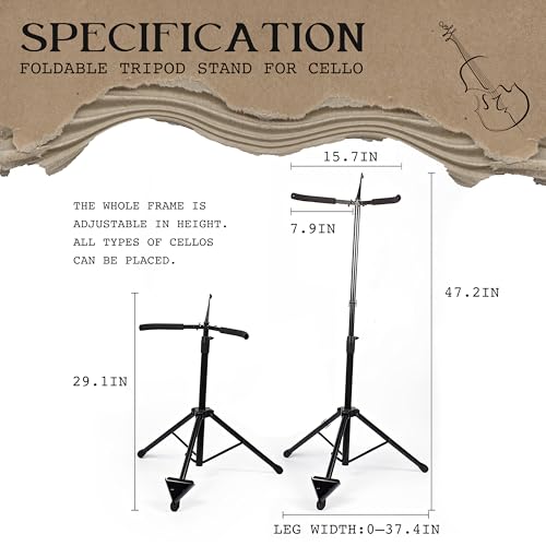 WHELPAW Cello Stand with Bow Hook - Adjustable, Sturdy Support for All Size Cellos - Quick-Fold Design & Non-Slip Base - Thumbnail 2