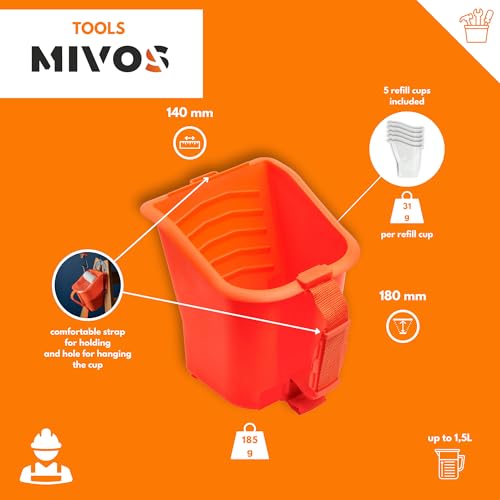 MIVOS Farbeimer mit 5 Stück Einlagen - 1L Farbbecher - regulierbarer Griff - Kunststoffeimer - Baueimer mit speziellen Rillen - orange - robuster Kunststoff - Made IN EU