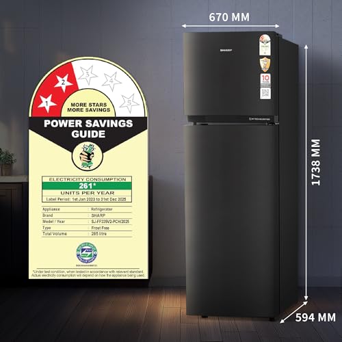 Image of SHARP 285 L Frost Free Double Door 2 Star Refrigerator |Japan 7 Shield Protection|Hi-Tech Inverter |(Coffee Hairline, SJ-FF335V2-PCH)