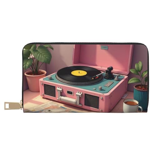 Retro Pink Record Player Print Wallet Women, Leather Bifold Multi Card Wallet, Long Purse Women's Wallets