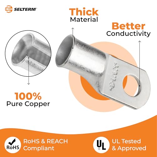 SELTERM 15pcs 2/0 AWG 3/8" Stud UL Marine Grade Battery Terminal Connectors Tinned Copper Battery Cable Lugs 00 Gauge Wire Connectors Electrical Battery Cable Ends Ring Terminals Tinned Copper Lugs
