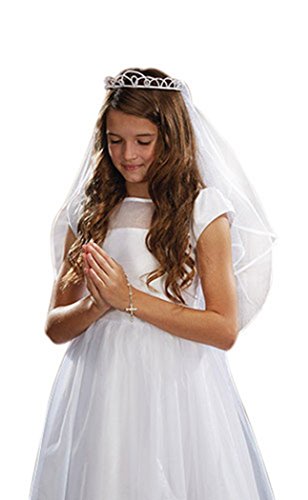 Girls First Communion White Satin and Tulle Veil with Faux Pearl Tiara, 26 Inch