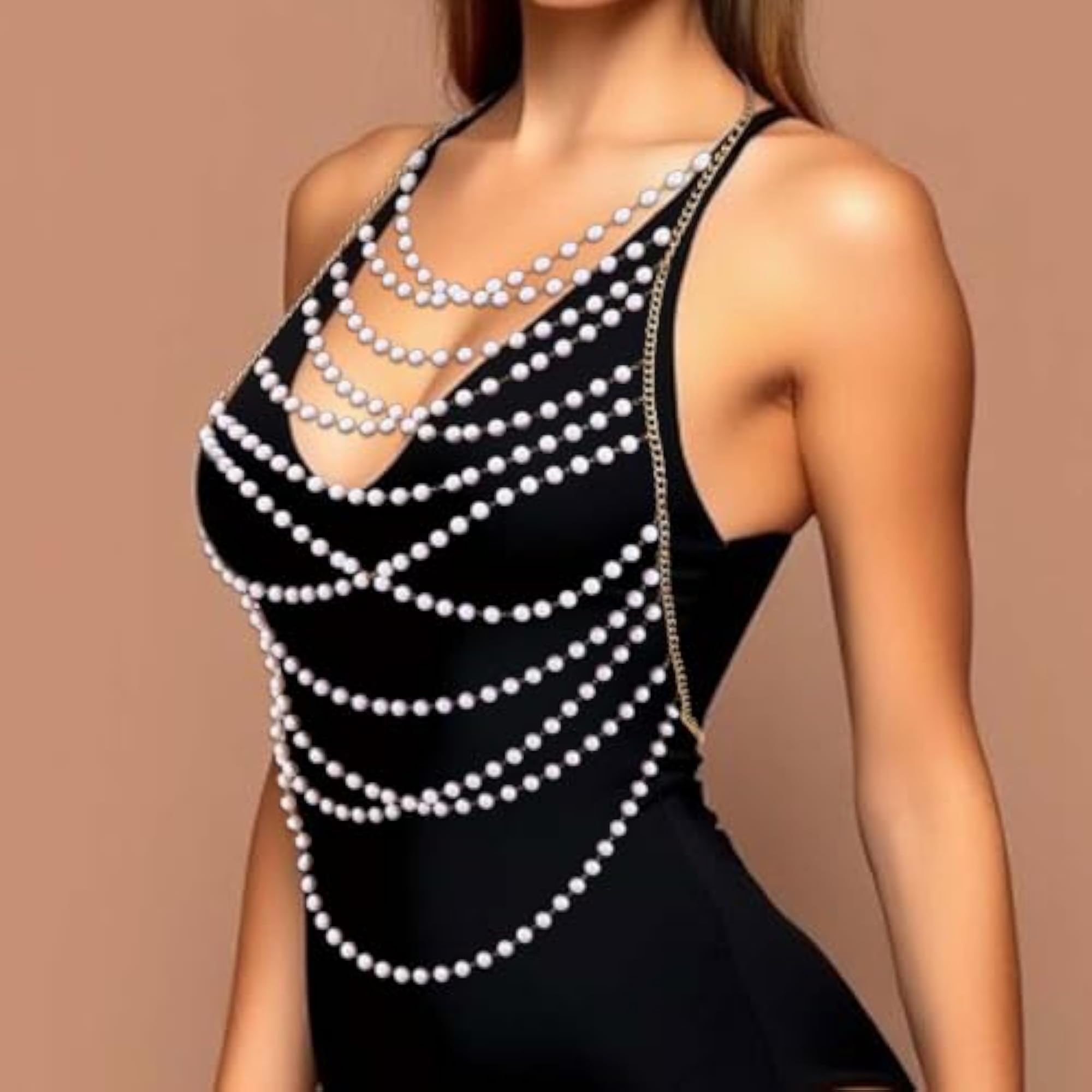 Women's Pearl Body Chain Layered Bikini Chest Chains, Beach Accessory
