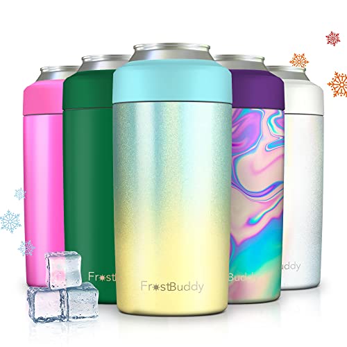 Frost Buddy Universal 2.0 5 Sizes in 1 Insulated Can Cooler - Stainless Steel Can Cooler for 12 oz & 16 oz Regular or Slim Cans & Bottles - Stainless Steel (Beach Glitter)