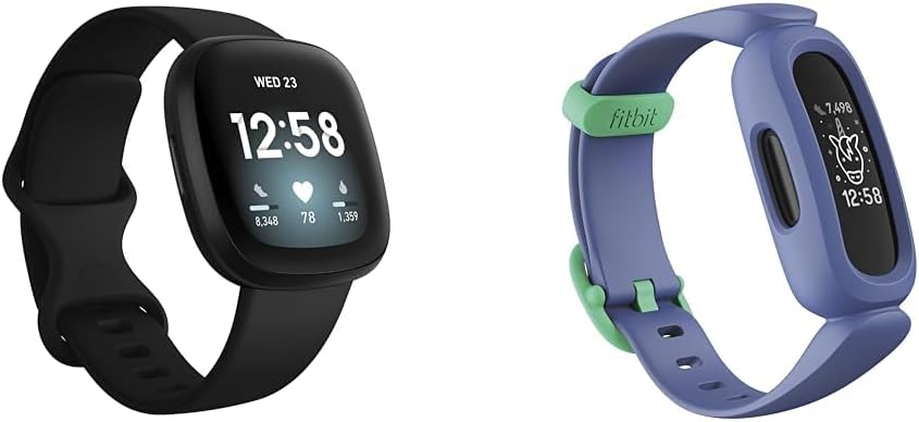 Fitbit Versa 3 Health & Fitness Smartwatch with GPS, 24/7 Heart Rate & Ace 3 Activity Tracker for Kids with Animated Clock Faces, Up to 8 days battery life & water resistant up to 50 m,Blue/Green