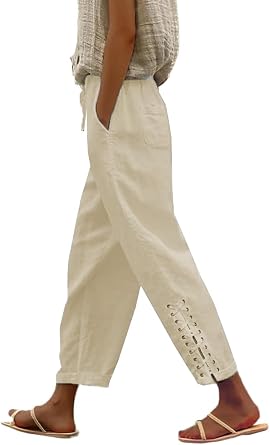 BIRW Size L Camel Lace Up Womens Cotton Linen Pants with Pockets High Waist Comfy Camel Gauze Pants for Women Casual Summer Lightweight Beach Trousers Tapered Ninth Pants 2026