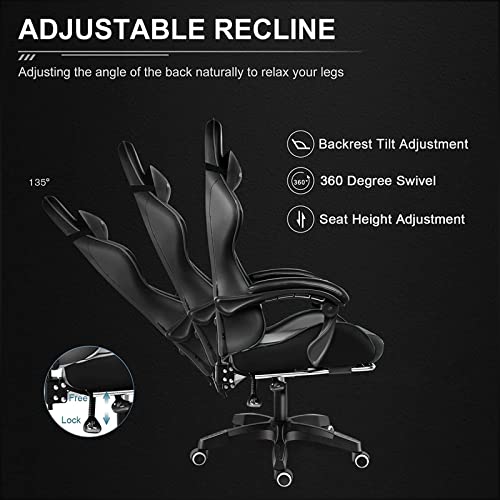 كرسي كمبيوتر وألعاب بتصميم مريح وظهر مرتفع قابل للإمالة مع ارتفاع قابل للتعديل ودعم للرقبة وخاصية تدليك أسفل الظهر ومسند ذراع مريح من ويمارت، أسود-1