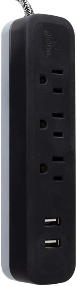 Protector eléctrico Globe Electric 78249 de 6 pies con 5 tomas y 2 puertos USB, protección contra sobretensión de 300 joules, acabado negro, enchufe en ángulo recto miniatura 5