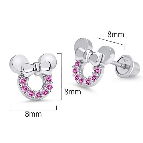 925 Sterling Silver Rhodium Plated Pink Mouse Cubic Zirconia Screwback Baby Girls Earrings2