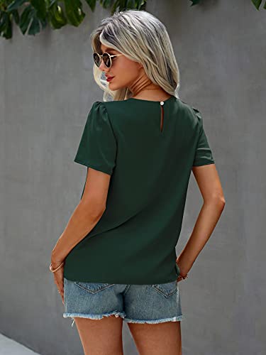 Shein Women's Casual Round Neck Basic Pleated Top Puff Sleeve Keyhole Back Blouse Deep Green Small #TOP1